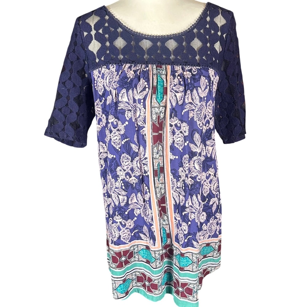 Akemi + Kin Maite Blouse Women Large Purple Floral Lace Yoke Boho Anthropologie